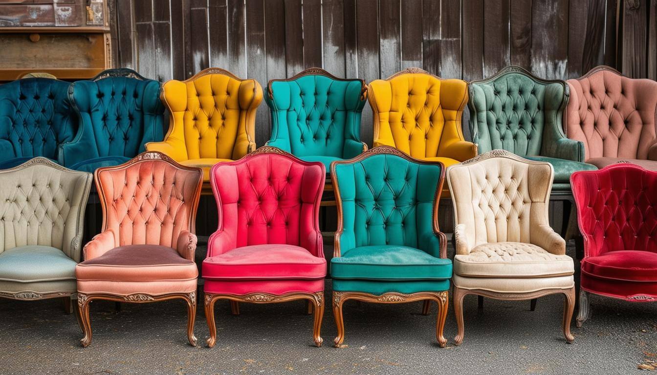 A collection of vintage inspired chairs in various colors and sizes, grouped together in a visually pleasing arrangement A collection of vintage inspired chairs in various colors and sizes, grouped together in a visually pleasing arrangement