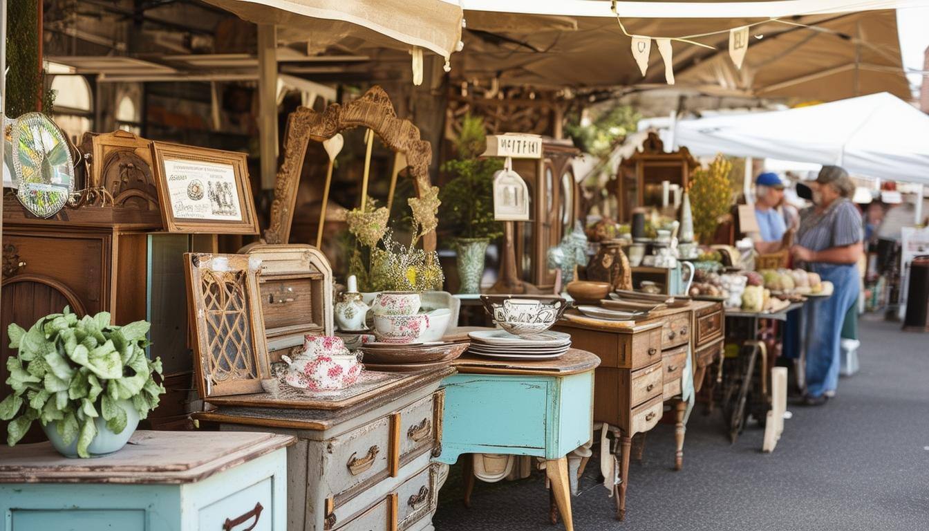 A vendor selling vintage inspired furniture at a farmers market