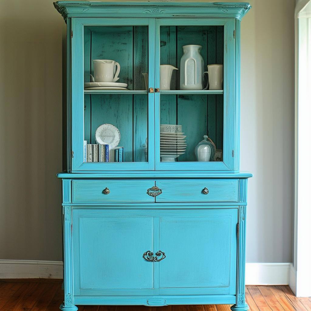 A beautiful, vintage inspired cabinet painted in shades of blue and teal