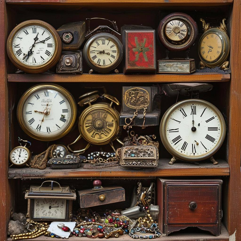 A collection of old knick knacks like broken clocks, jewelry boxes and magnets
