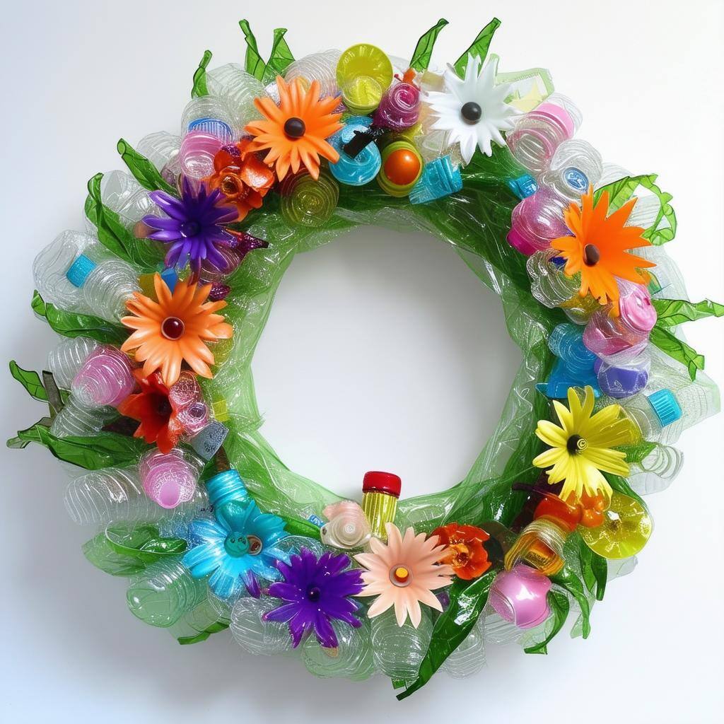A lovely wreath made from recycled plastic bottles, plastic flowers and other knick knacks