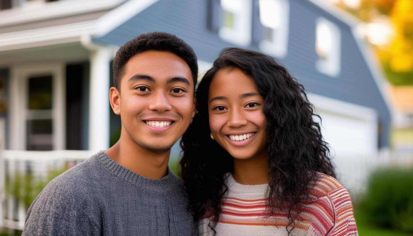A young ethnic couple living in Littleton, MA, smiling and posing in front of their house A young ethnic couple living in Littleton, MA, smiling and posing in front of their house