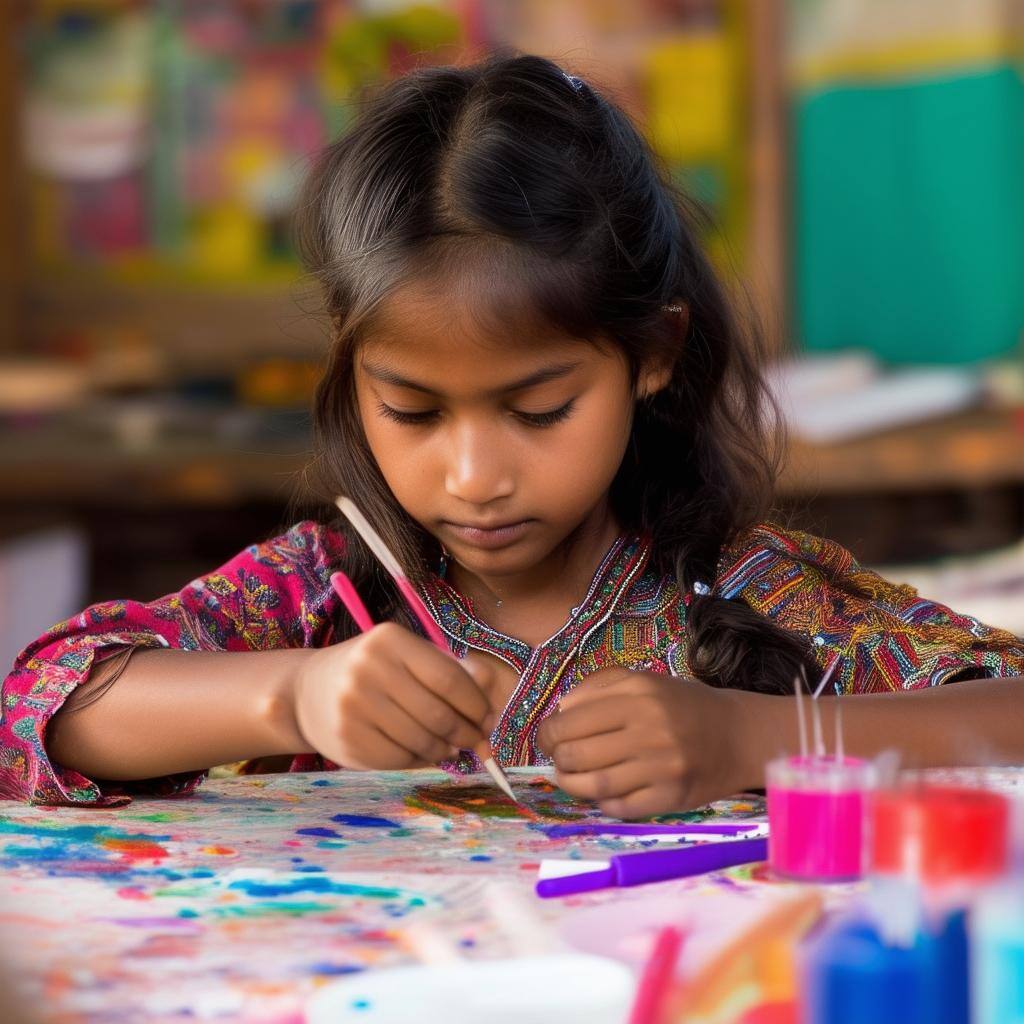 An ethnic girl sitting at a table and doing arts and crafts